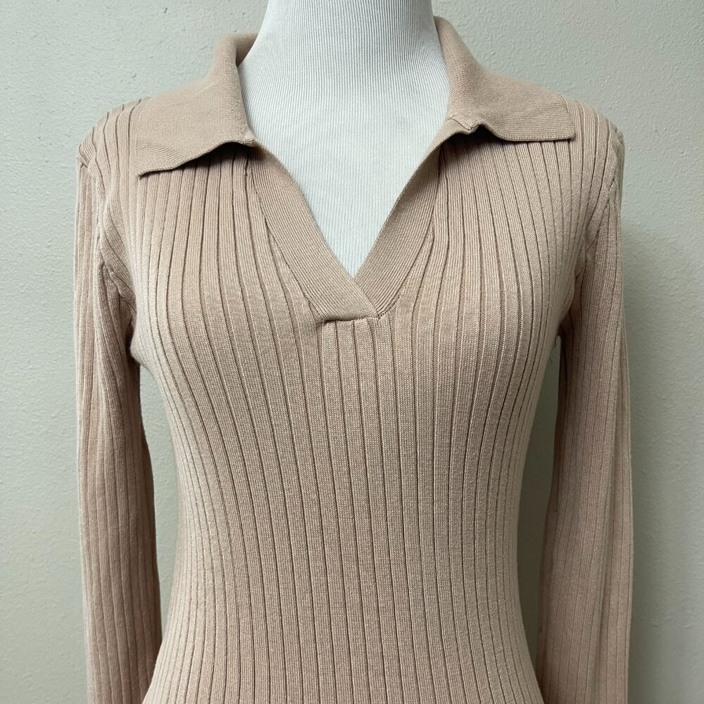 Princess Polly Tan Khaki Ribbed Cotton Blend Collared Sweater Dress Small Medium